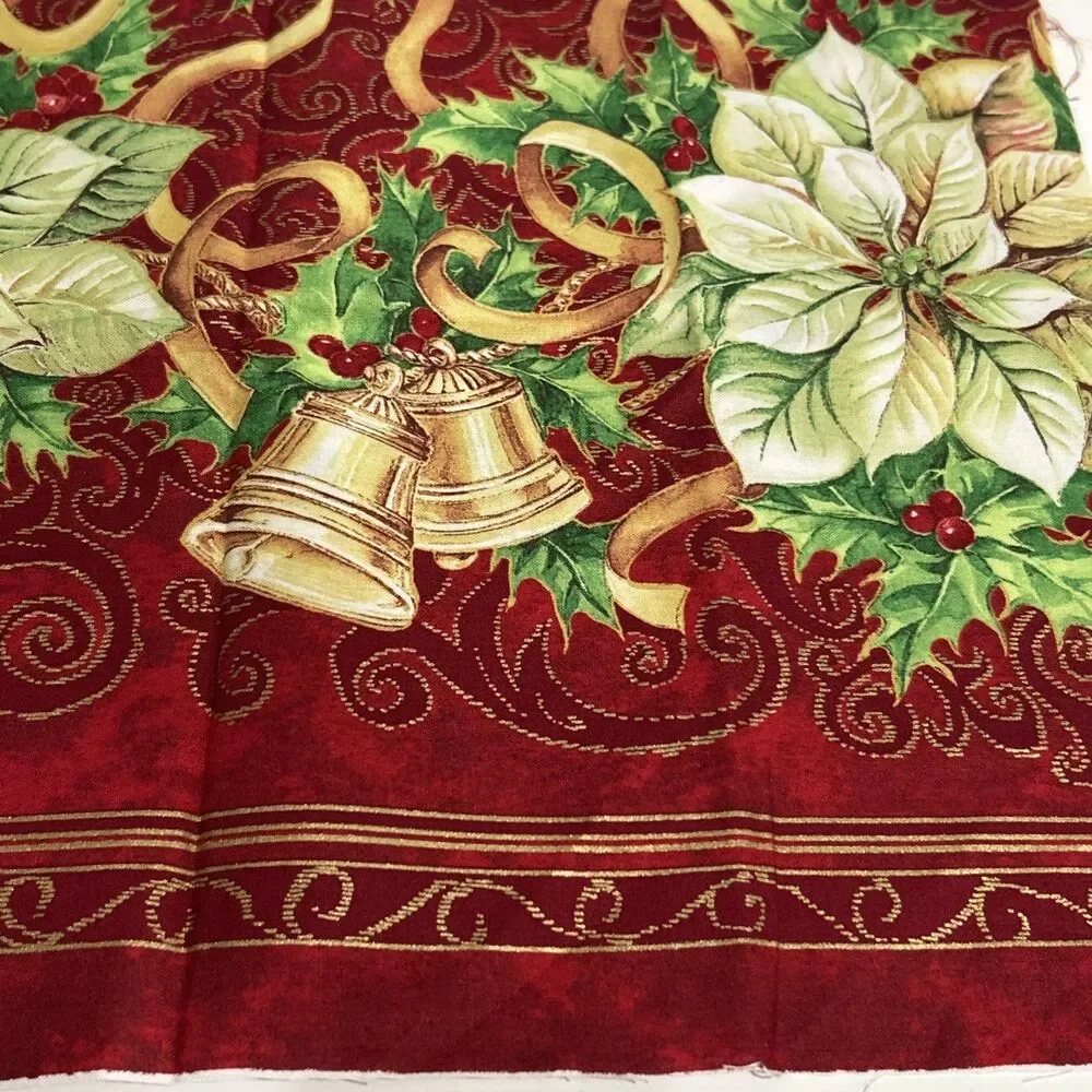 Christmas Fabric Poinsettias Bells Ribbons Holly Cotton Quilting 1 Yd X 42